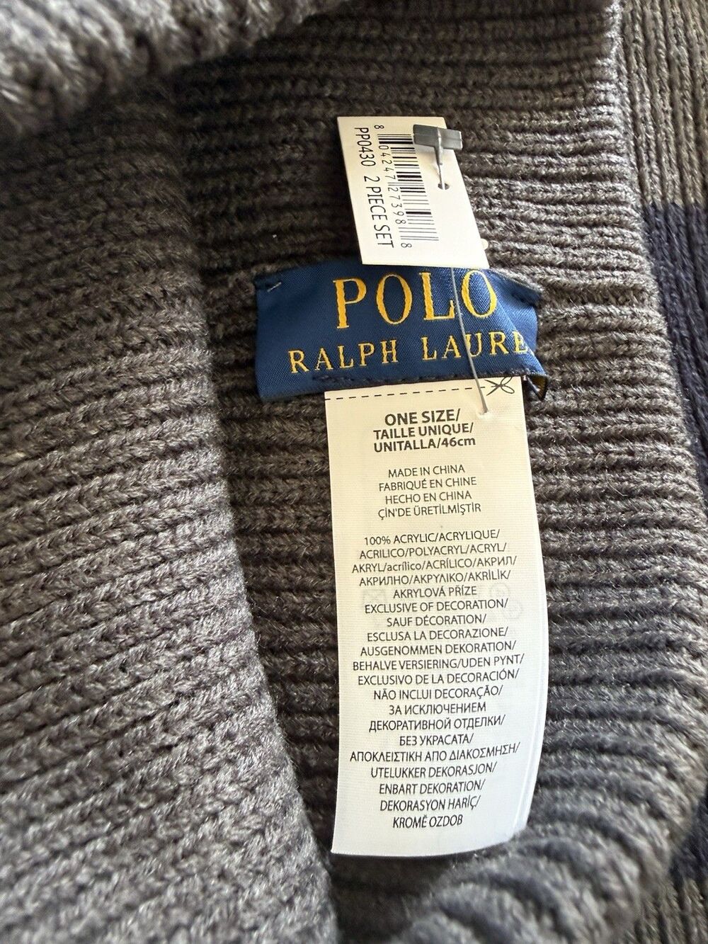 Polo Ralph Lauren Mens Hat & Scarf 2 Piece Set One Size Gray Navy Stripe NWT - Picture 2 of 3
